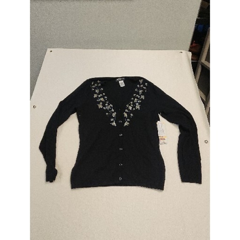 Vintage Jones of New York Embroidered Beaded Black Cardigan Sweater Small NOS